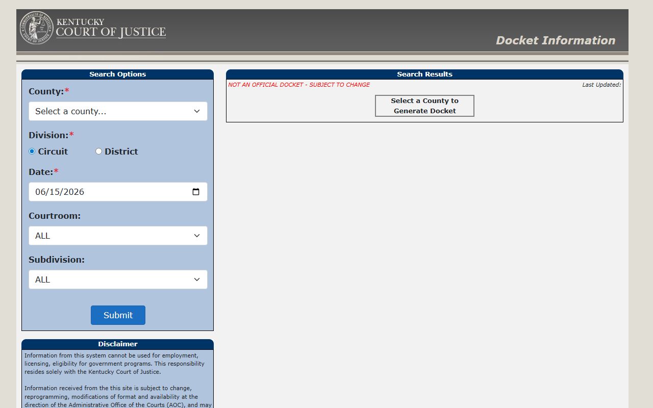Kentucky Court of Justice public docket search fields