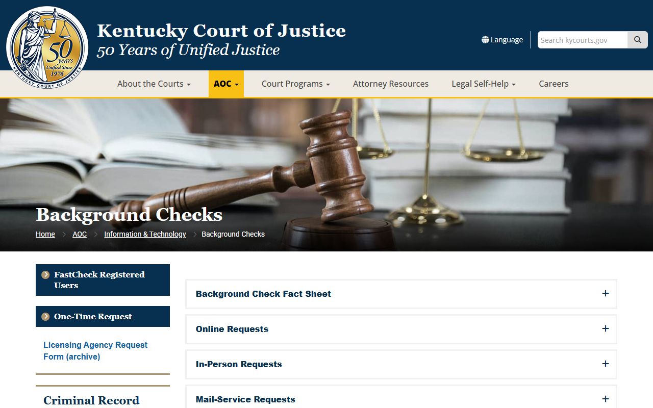 Kentucky FastCheck and criminal record report page